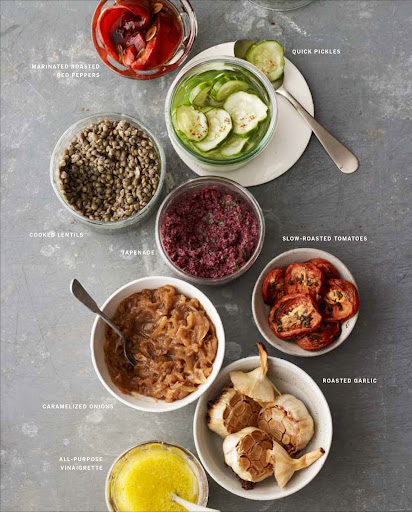 Putting together a meal is much easier when you have a handful of flavor-packed components at the ready, such as marinated roasted red peppers, quick pickles, cooked lentils, tapenade, slow-roasted tomatoes, caramelized onions, roasted garlic, and all-purpose vinaigrette - recipes included.