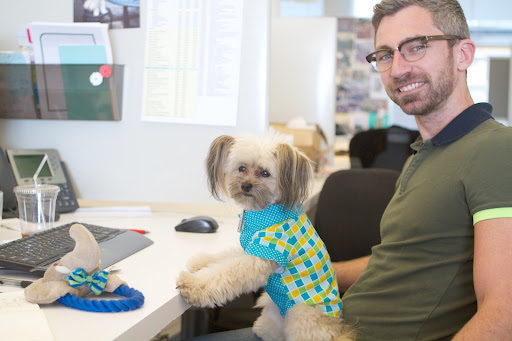 Dana Spitler and Butch, wearing the Button-Up Shirt http://goo.gl/KAFPHA and has an Elephant Rope Ring Toy from the 2014 spring collection.