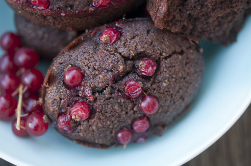 My cooking partner and I made these gluten-free chocolate financiers with red currants. Almond flour took the place of regular flour.