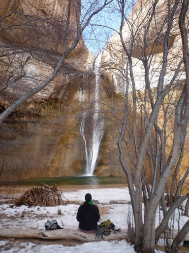Molly Bloom - Here I am sitting at the end of our hike to lovely Lower Calf Creek Falls, Grand Staircase-Escalante National Monument.