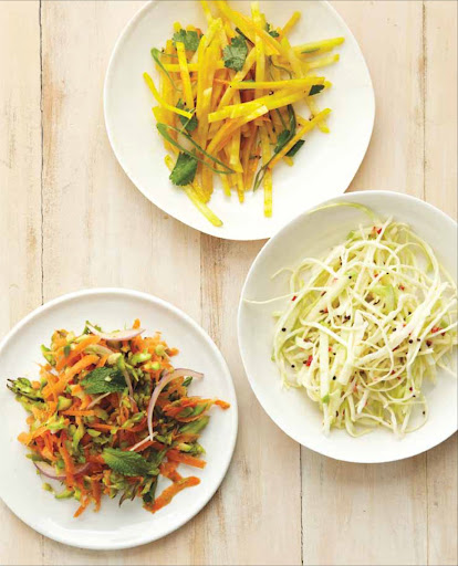 Three Vegetable Slaws - Golden Beet, Asparagus and Carrot, and Cabbage and Green Apple - All three of these slaws forgo mayonnaise-based dressings in favor of two lighter options: olive oil and yogurt.