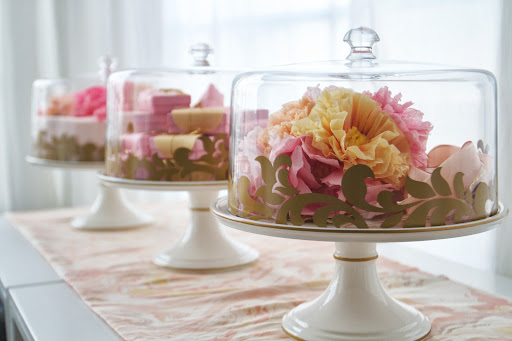 Wedding Shower: Lisbon gold cake stand and dome with paper flowers (Martha Stewart Collection at Macy's, $90)