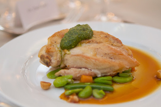 The entree was a delicious herb-roasted chicken with spring vegetables and ramp pesto with hazelnuts and wild mushrooms.
