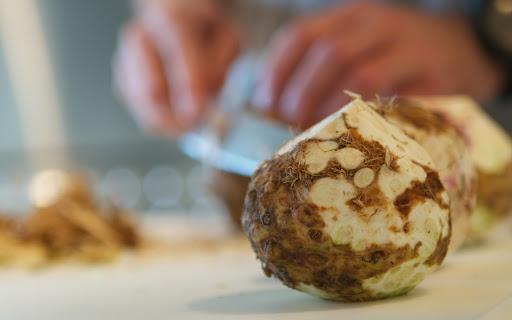 One of the vegetables to be served with the lamb was a celeriac purée from the garden. Celeriac is a variety of celery, appreciated for its edible root, which has a pleasant celery flavor.