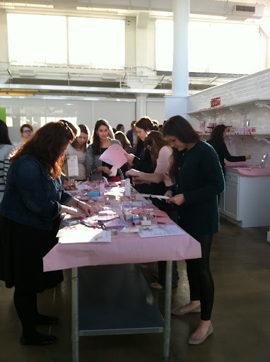 In keeping with the Valentine theme, work tables were covered with pink craft paper.