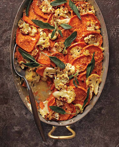 Sweet Potato and Cauliflower Gratin - An optional garnish of fried sage leaves takes this rustic gratin from simple to spectacular.