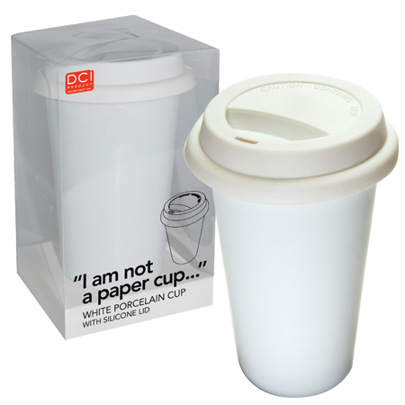 These clever porcelain cups are a product of Decor Craft Inc. (DCi). Designed by James Burgess, these cups are insulating double-walled ceramic and have silicone lids. Beverages stay either hot or cold for quite a while.