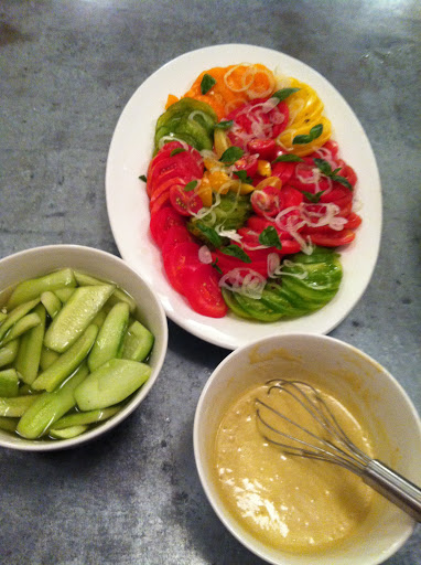 I love all things pickled, so Pierre did a quick cucumber pickle recipe for dinner that night. The tomatoes were styled beautifully on the platter and the Hollandaise was prepared for the artichokes.