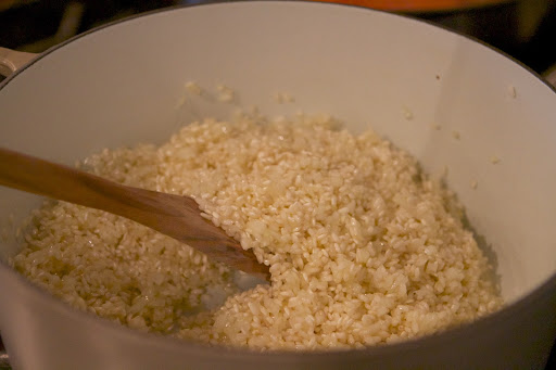 The onions were sautéed for the risotto and the rice added to the pot.