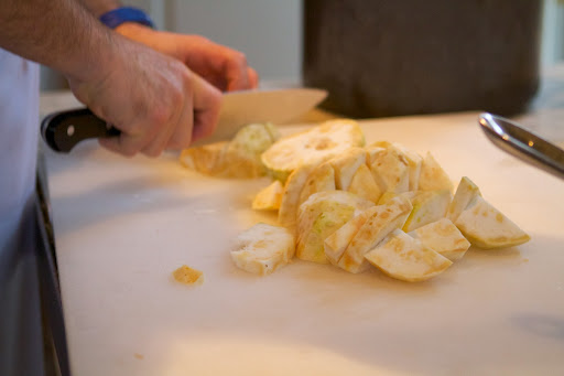 Celeriac is a member of the celery family and the plant's bulbous root makes an excellent puree and soup. I asked Pierre to make one of his amazingly smooth and satisfying soups.