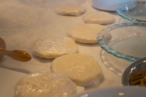 I made the pate brisee early in the morning and wrapped each one in plastic wrap. They were placed in the refrigerator to chill thoroughly before rolling out.