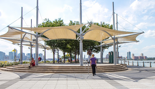 This is the eastern end of Pier 45 in Greenwich Village, an 850-foot-long pier that offers shade structures and seating areas.