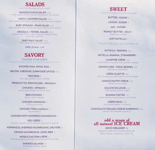 There are salads and savory crêpes, as well as sweet ones. The most expensive item on the menu is a smoked salmon crêpe with chive cream cheese and capers for $10.