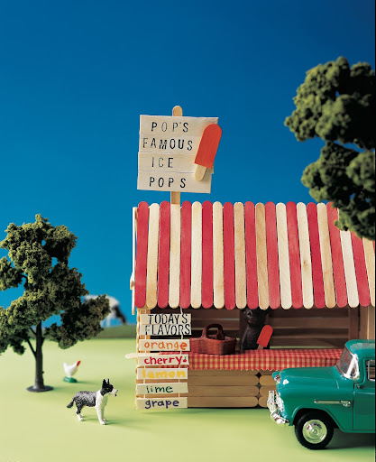 Popsicle Stick Popsicle Stand: Wooden craft sticks stand in for logs and boards in this old-fashioned ice-pop stand. The book features a whole town’s worth of craft-stick creations.