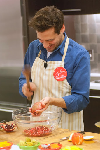 Thomas showed the audience a trick for easy removal of seeds from a pomegranate - You whack outer rind of the fruit with a wooden spoon and the seeds fall out.