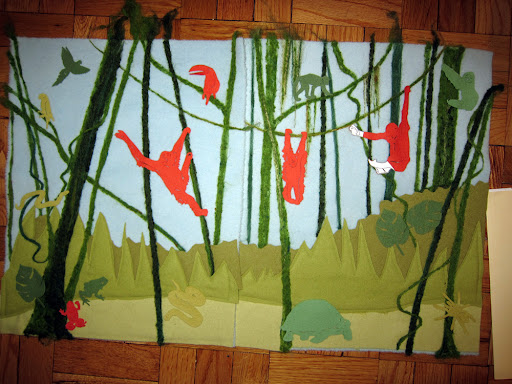 The jungle in process - I needle felted most of the vines and then re-laid the page to make sure it was coming together properly.