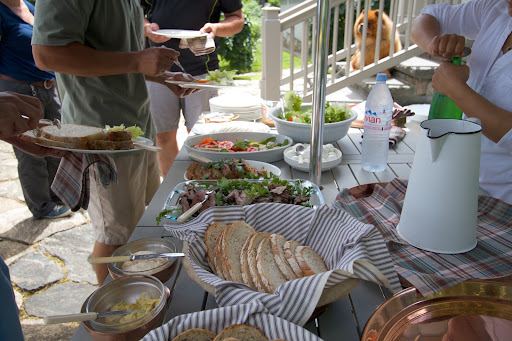 My housekeepers laid out the fixings for delicious sandwiches. There were assorted breads, sliced leg of lamb, meatloaf, tomatoes, mozzarella, fresh hard boiled eggs, and a green salad.