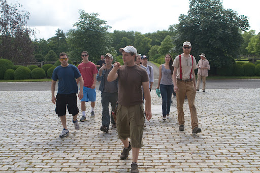 A visit to the stable is part of all garden tours. The gardeners were led across the cobblestone courtyard and into the main entrance.